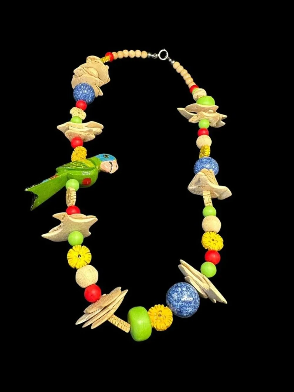 Signed PN Tropical Wood Beads Painted Parrot Necklace 27 inches Designer